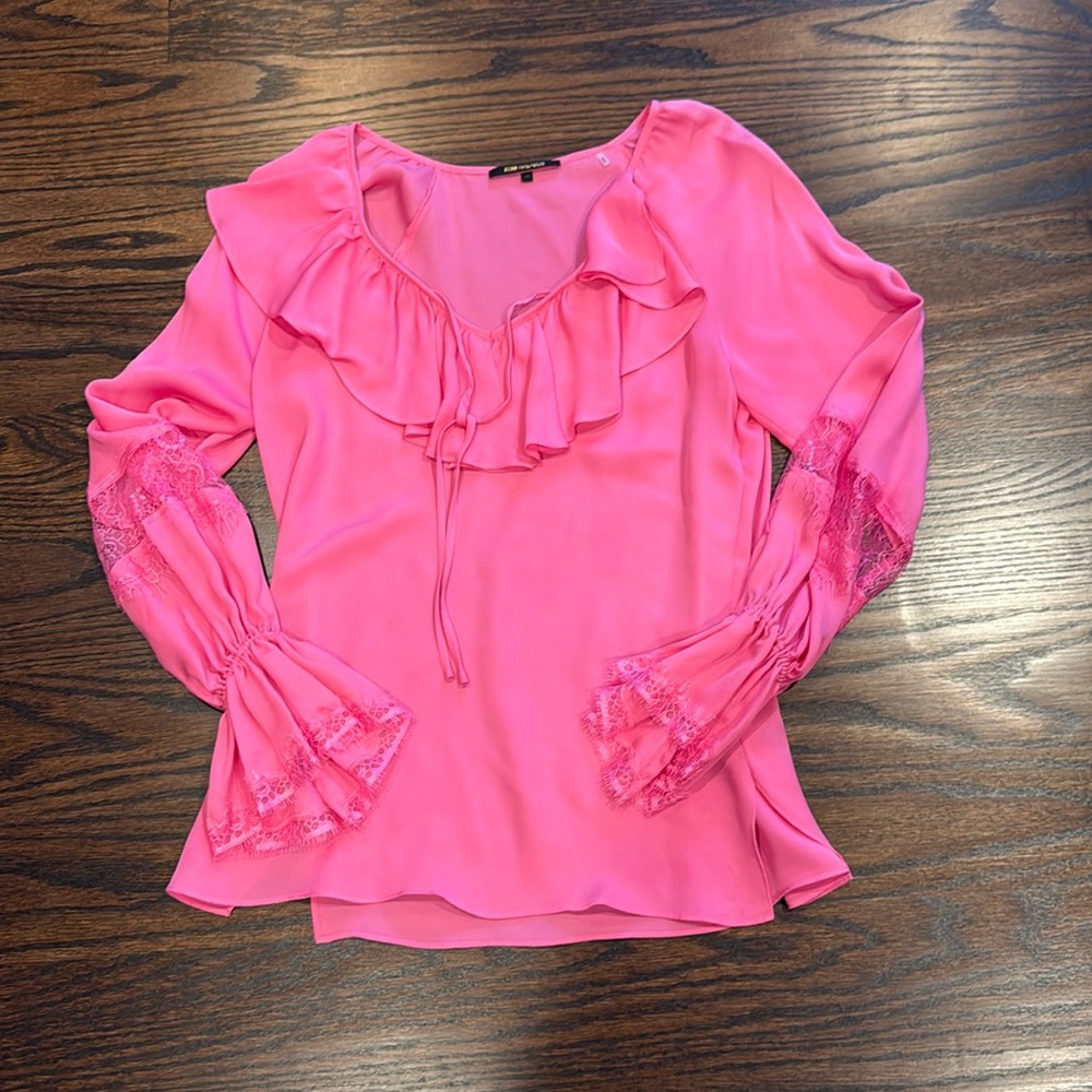 KOBI HALPERIN Pink Silk blouse with lace and ruffle. Size XS
